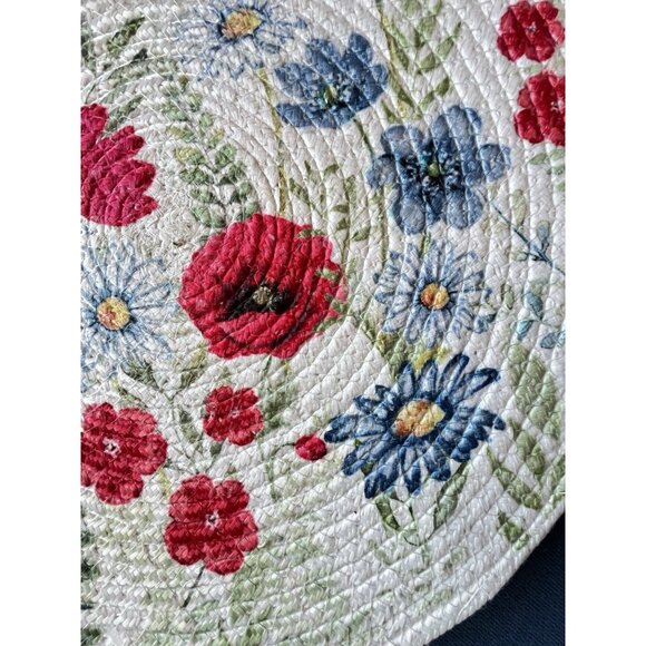 4 pc SUMMER LOVE Braided Placemat Set 15” Rnd Blue Red Poppy Flower Easy Care - Picture 3 of 7